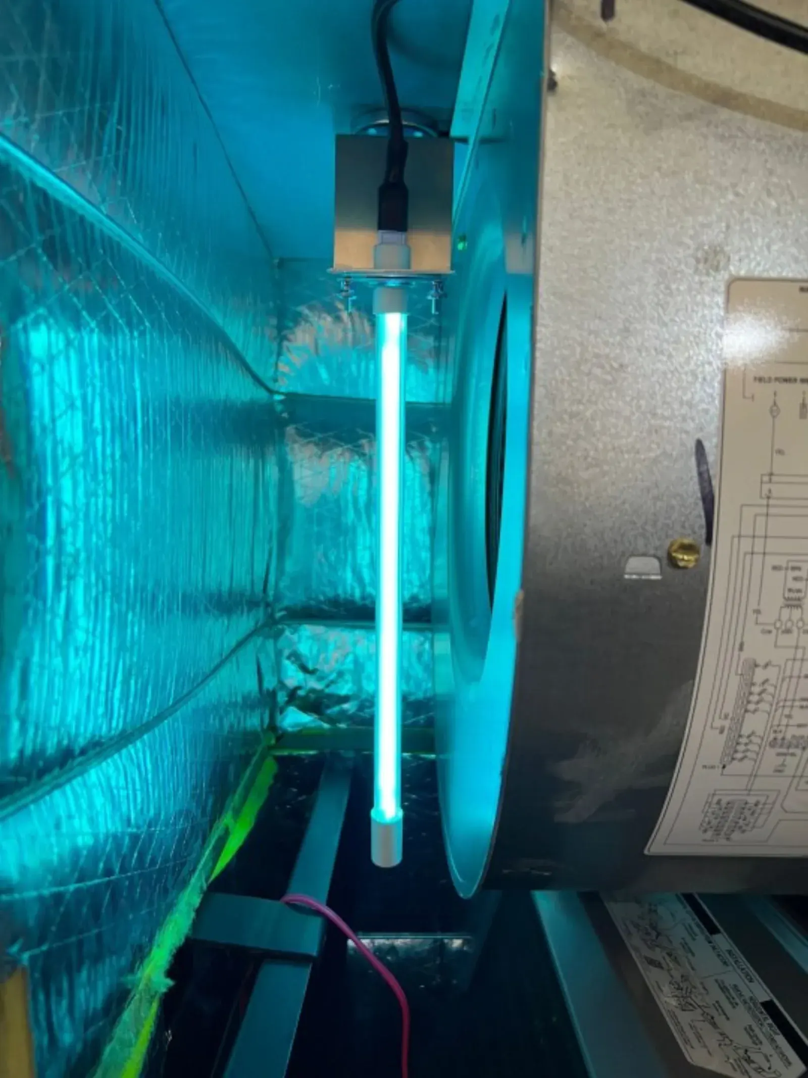24V UV germicidal light installed inside an HVAC air handler