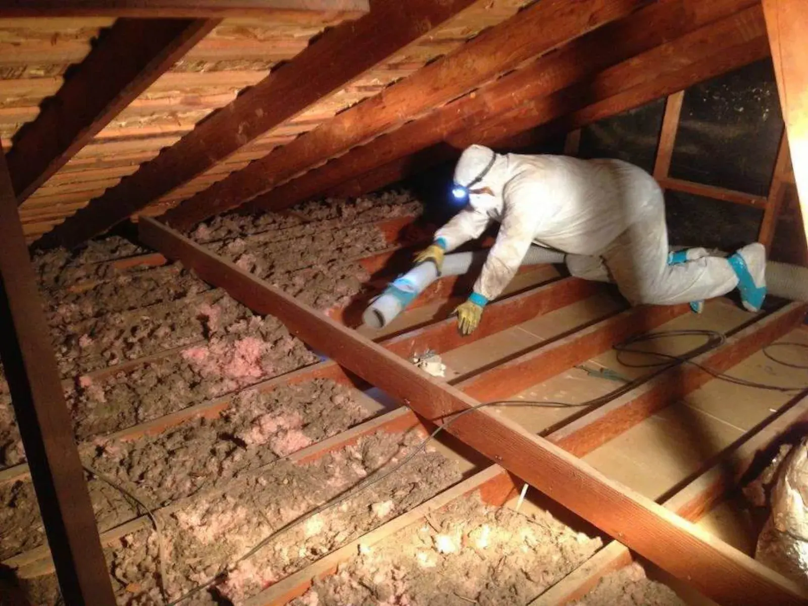 Technician in protective gear removing old insulation from an attic